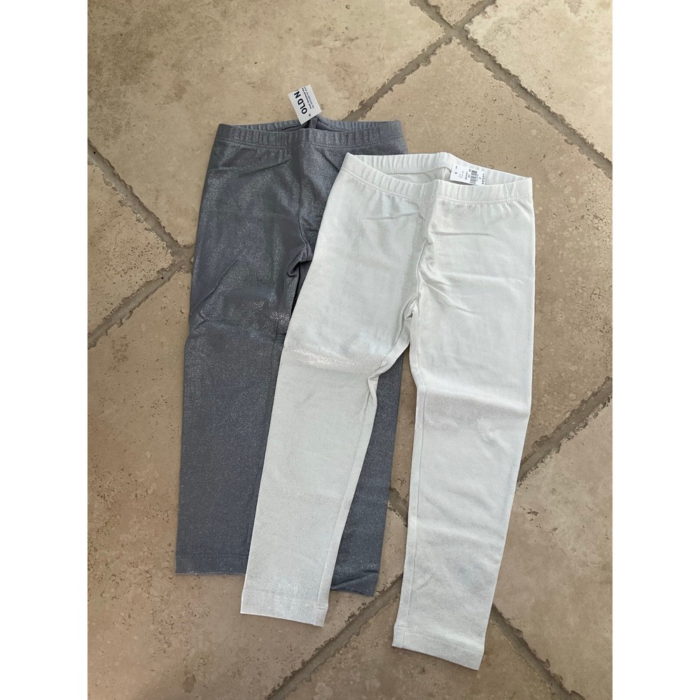 Old Navy Girls 3T Metallic Silver White Full Length Leggings Lot 2PK 280159